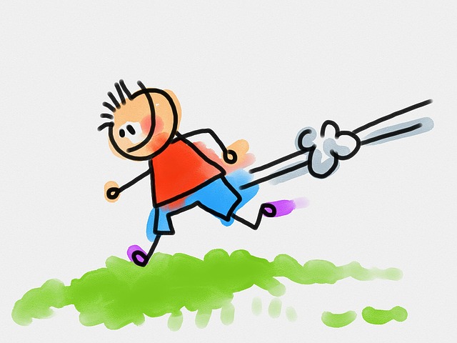 cartoon drawing of a boy running in the grass